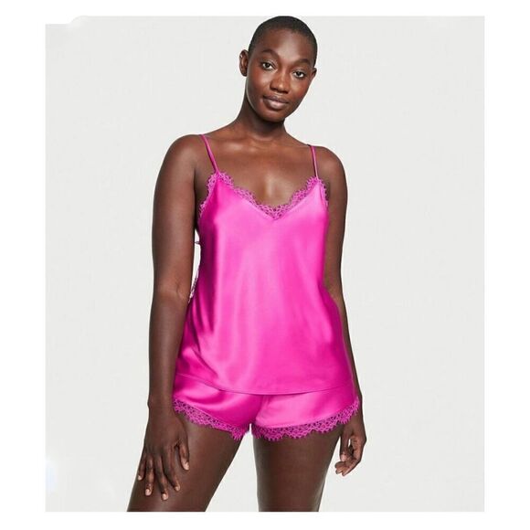Victoria Secret Women’s Very Fuchsia Stretch Satin Open Lace Back Cami Short Paj - Picture 1 of 15